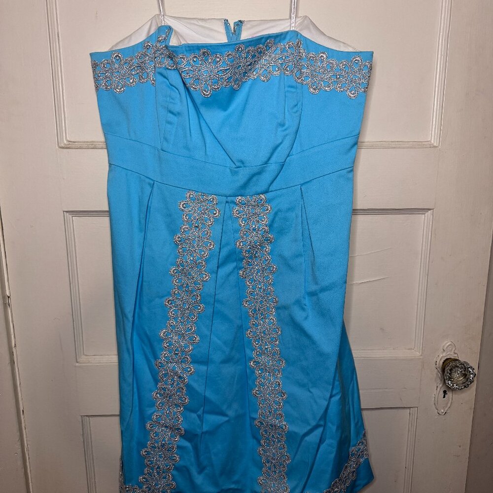 Lilly Pulitzer Strapless Blue Embellished Dress | Size 14 | Cocktail Sheath